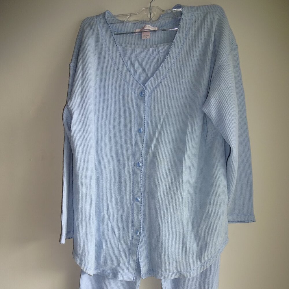 Vintage Victoria's Secret Blue Waffle Weave Long Johns Pajamas S Set Top Bottoms